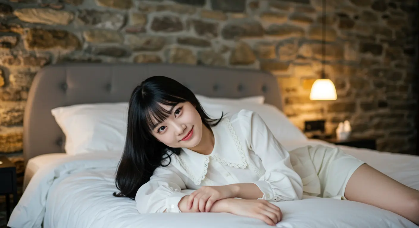 a young asian woman with long black hair lying on a bed, smiling softly, wearing a white blouse, a modern interior with stone walls and warm lighting