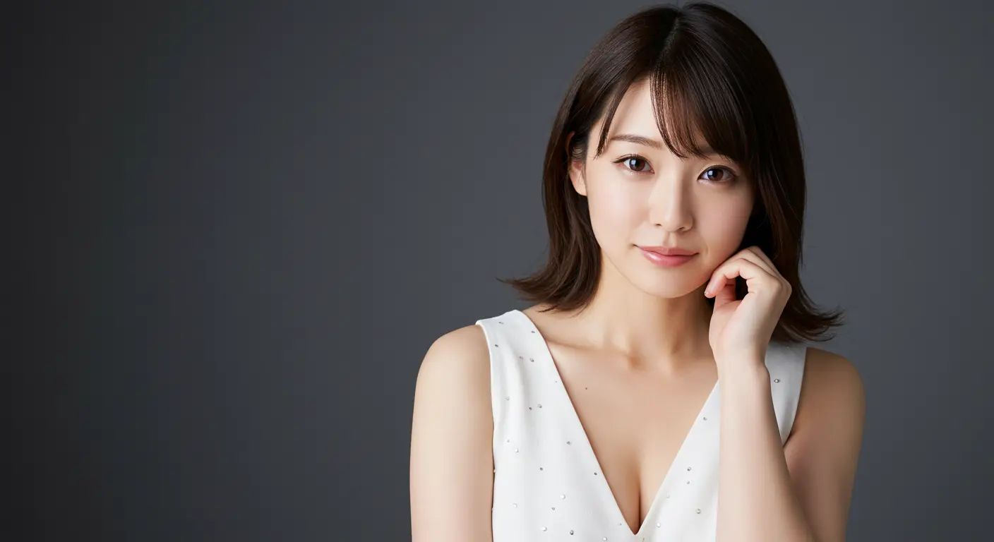 Elegant young Japanese woman, white dress with a subtle sensual touch, soft and confident smile, alluring yet composed expression, studio shot, high quality, realistic, close-up, gentle lighting, minimal background, mature and graceful aura