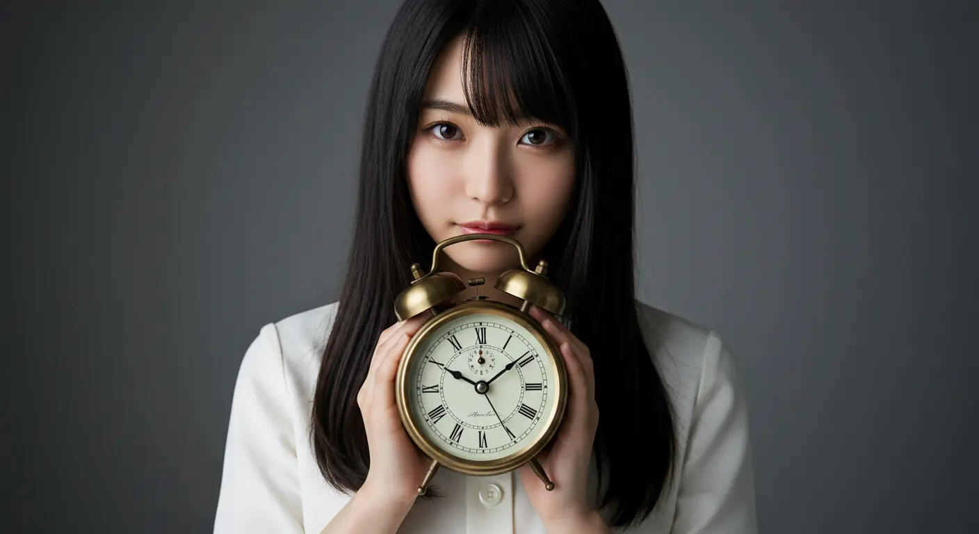 young woman, white dress, alarm clock, holding, close-up, studio shot, high quality, detailed, realistic