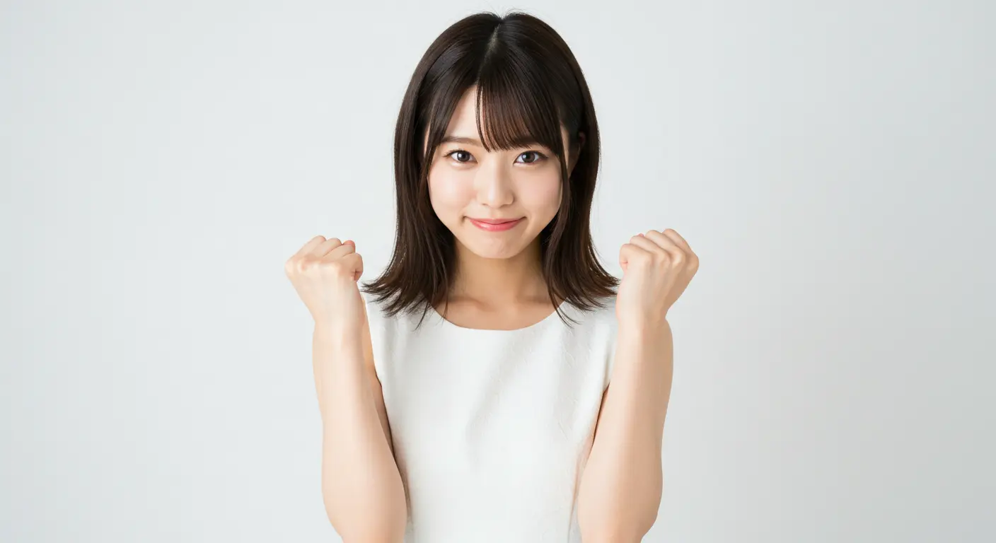 Young Japanese woman, white dress, making a "guts pose" with a confident expression, close-up, studio shot, high quality, detailed, realistic Let me know if you'd like to add a specific emotion (like "cheerful" or "determined") or setting!