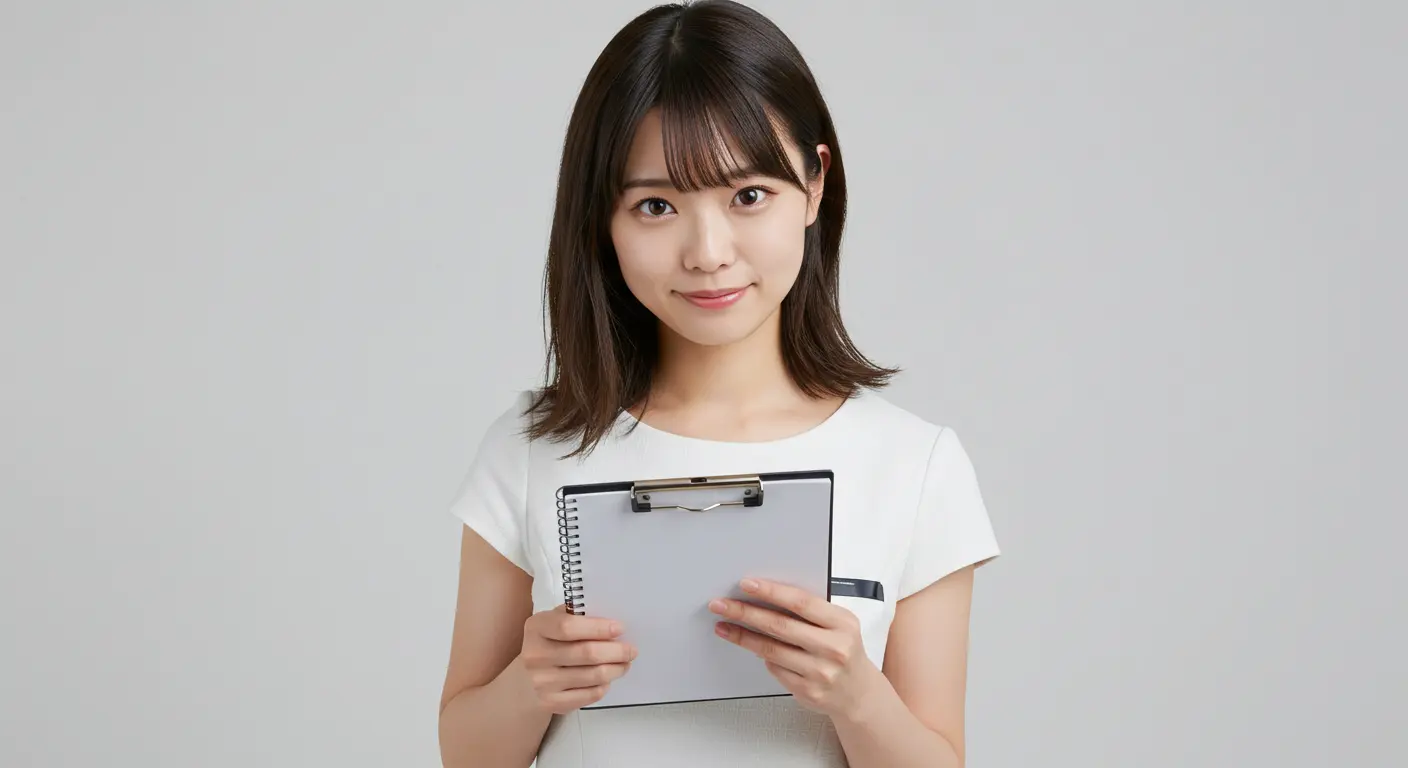 Young Japanese woman, white dress, confident and organized expression, holding a checklist clipboard or notebook, slightly smiling, studio shot, close-up, high quality, realistic, detailed, clean background, helpful and composed vibe